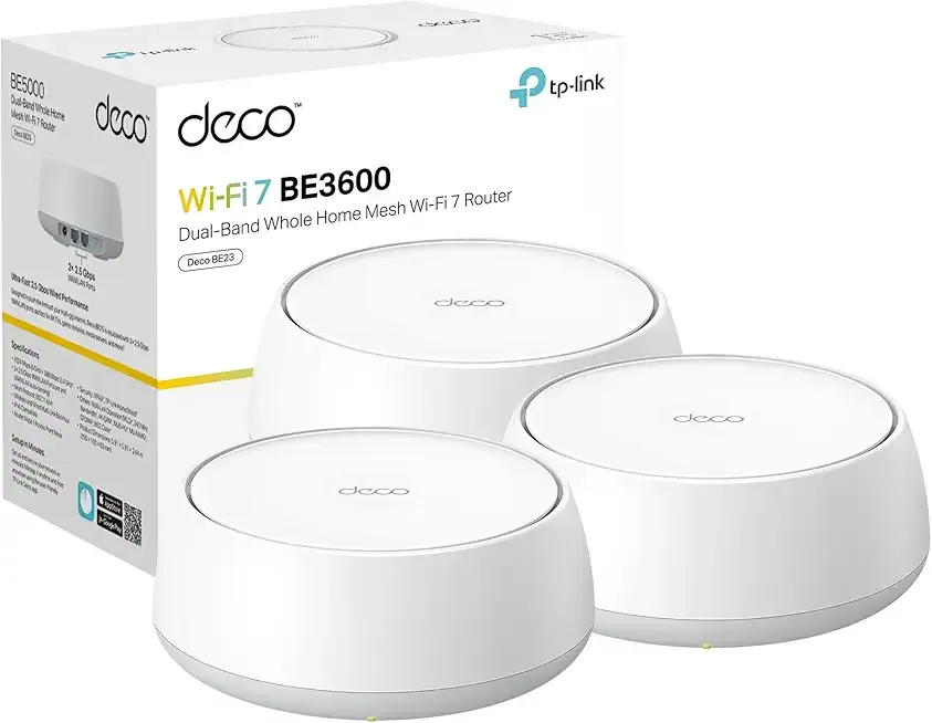 TP-Link Deco BE23 Dual-Band BE3600 WiFi 7 Mesh Wi-Fi System | 4-Stream 3.6 Gbps, 160 Mhz | Covers up to 6,500 Sq.Ft | 2× 2.5G Ports Wired Backhaul | VPN,MLO,AI-Roaming, HomeShield, 3-Pack