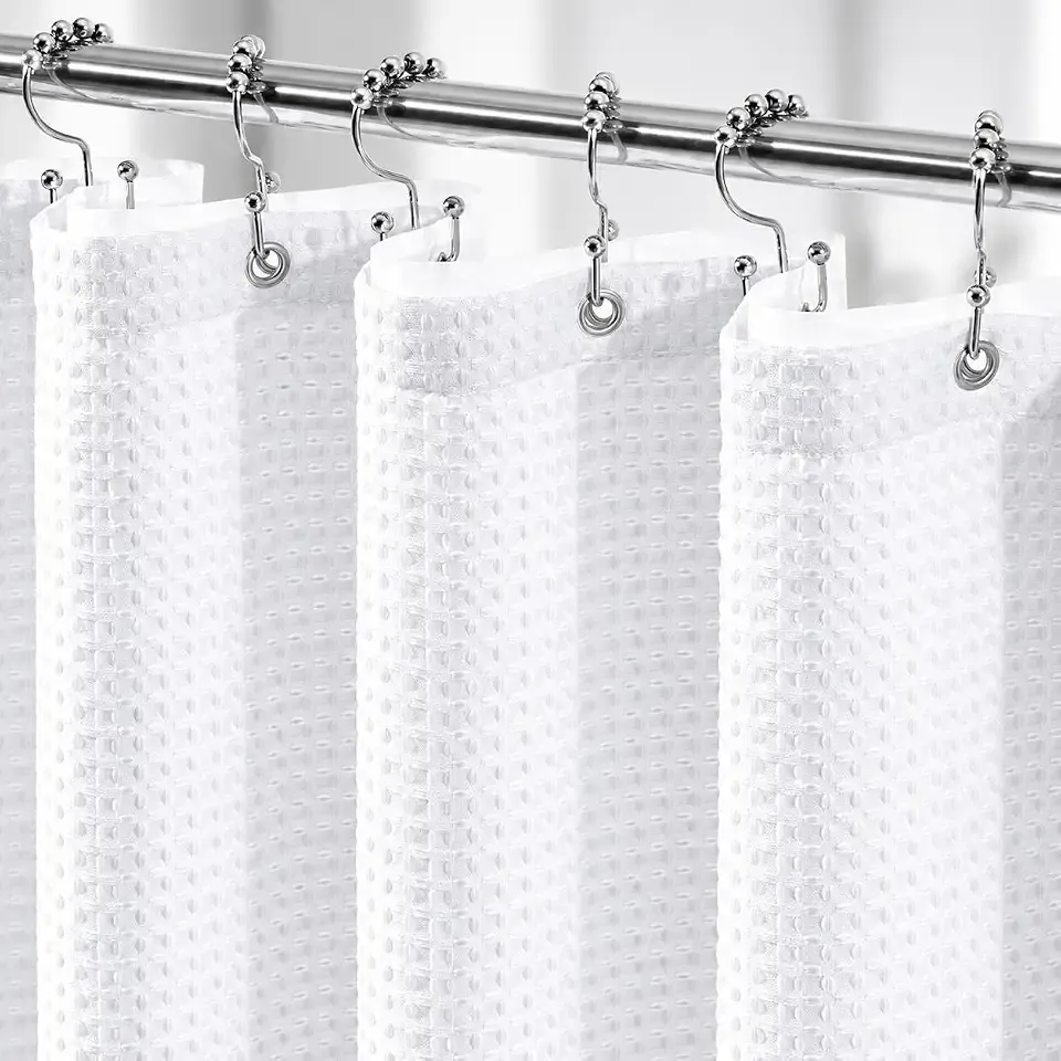 Vipfree 3 in 1 Waffle Shower Curtain & Liner Set, 258 GSM Heavy Duty Fabric, 12 Hooks, Weighted Hem, Water Repellent, Washable, 72" x 72", White