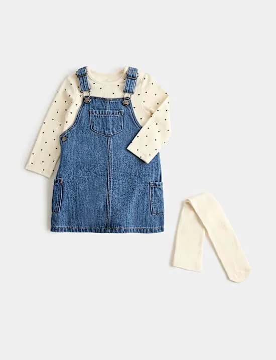 3-teiliges Outfit mit Strumpfhose aus Baumwolldenim und Latz (0–3 Jahre)