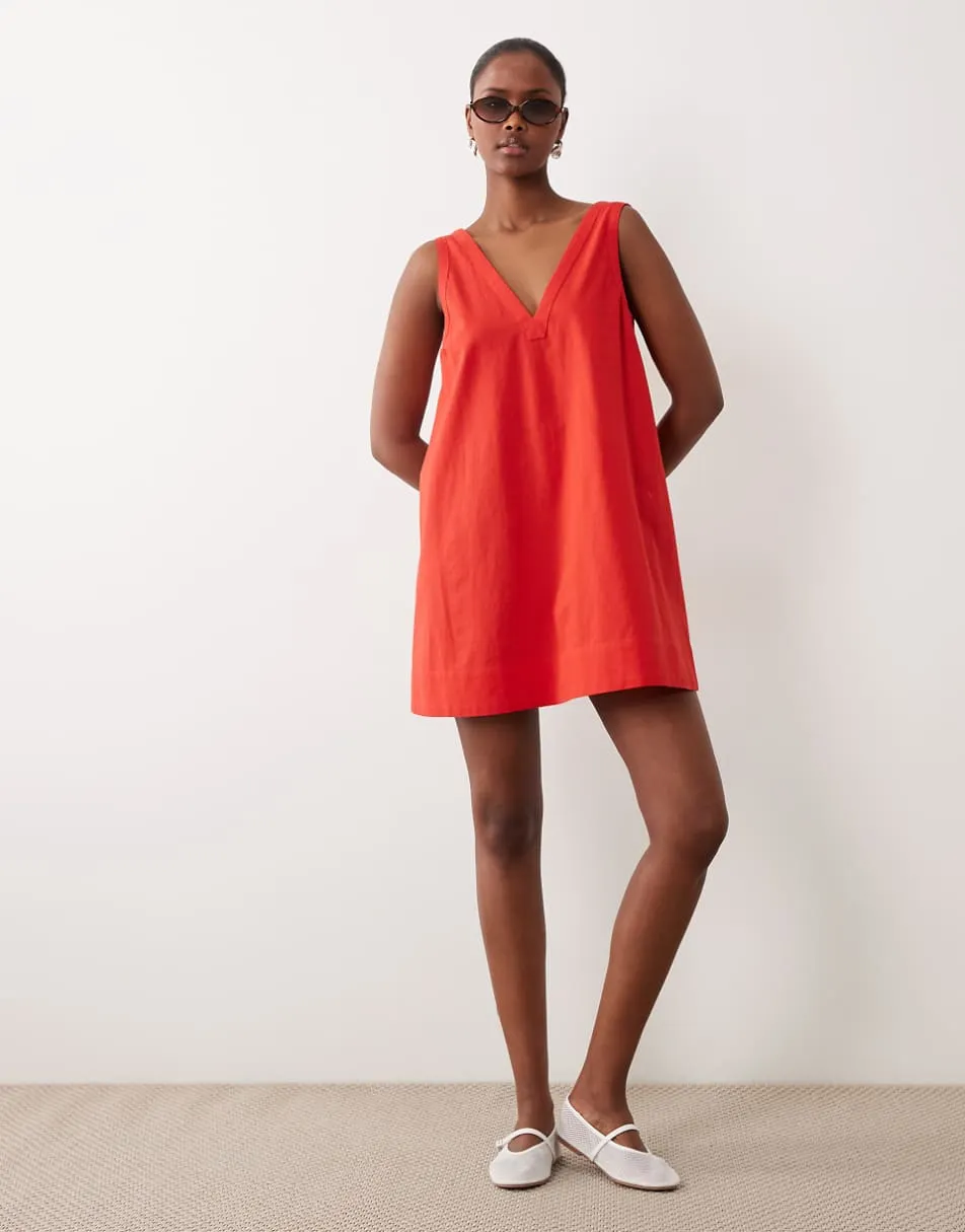 ASOS DESIGN cotton linen v neck smock mini dress in poppy red - RED