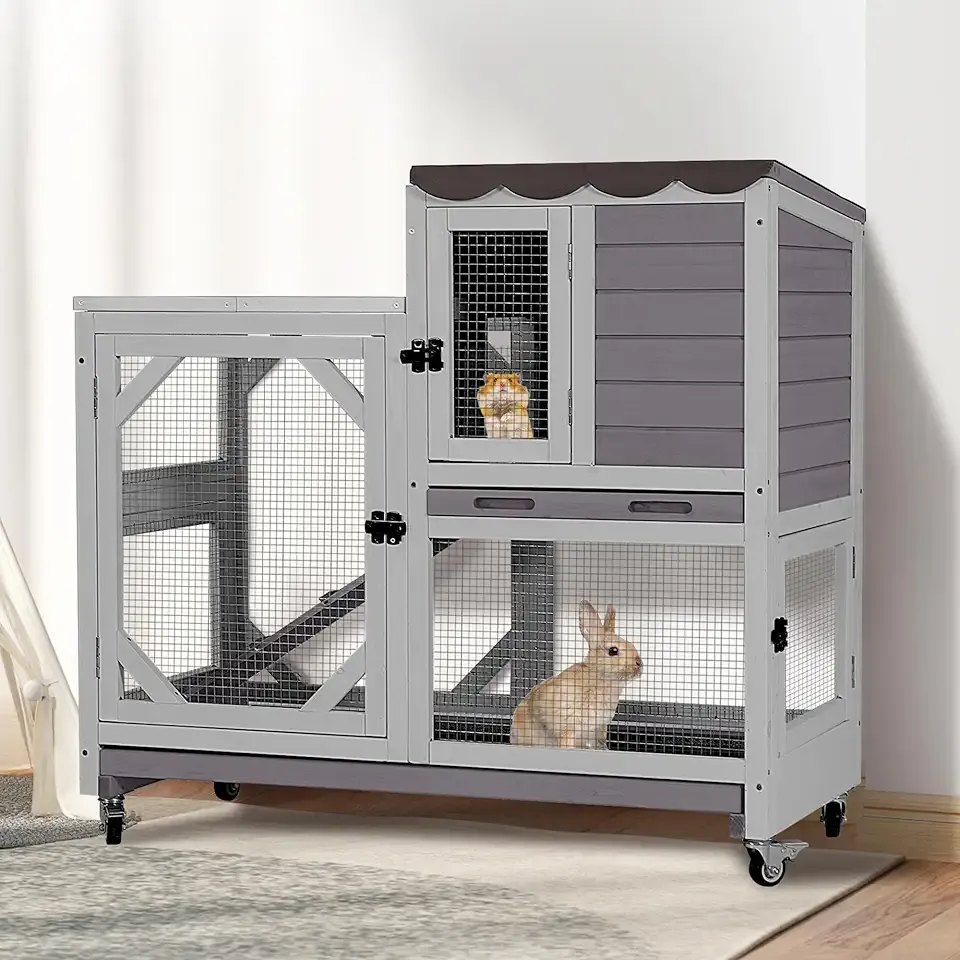 GUTINNEEN Duplex Rabbit Hutch Indoor with Chew-Proof Frame & 2 Leak-Proof Sliding Trays, Rain Cover, Wooden Guinea Pig Cages with Wheels - Grey
