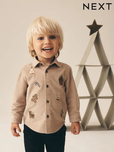 Tan Brown Long Sleeve All Over Embroidery Christmas Shirt (3mths-10yrs)
