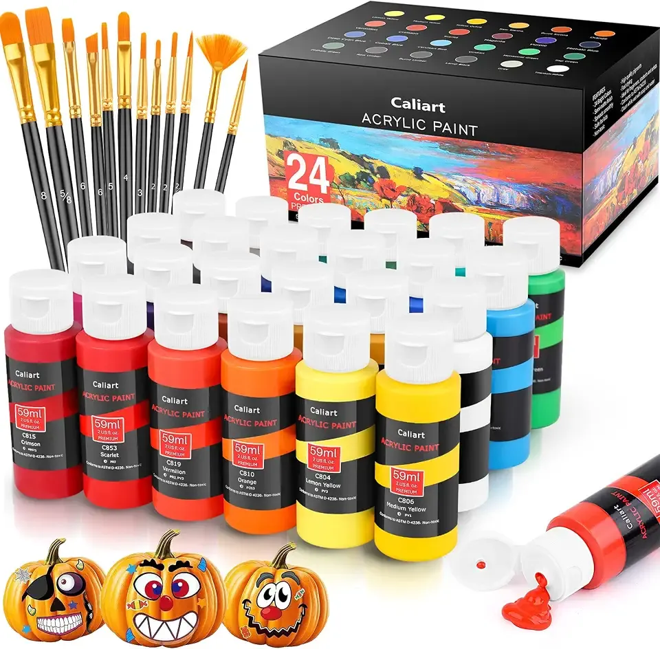 Caliart 24 Colors Acrylic Paint Set with 12 Brushes | Craft Painting kit for Adults Artists Beginners, Rich Pigment Non-toxic, Canvas Wood Rock Pumpkin Ceramic Art Supplies Paint