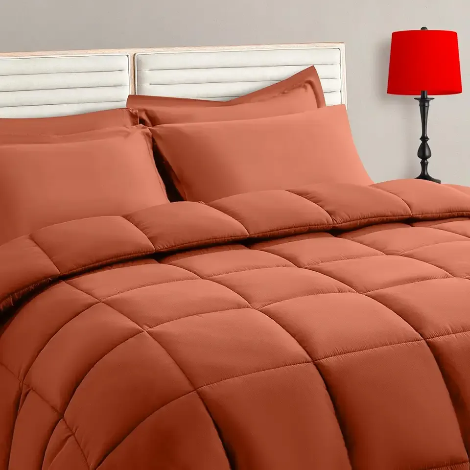 Burnt Orange Twin Size Comforter Set - 5 Pieces, Bed in a Bag Bedding Sets with All Season Soft Quilted Warm Fluffy Reversible Comforter,Flat Sheet,Fitted Sheet,1 Pillow Shams,1 Pillowcases