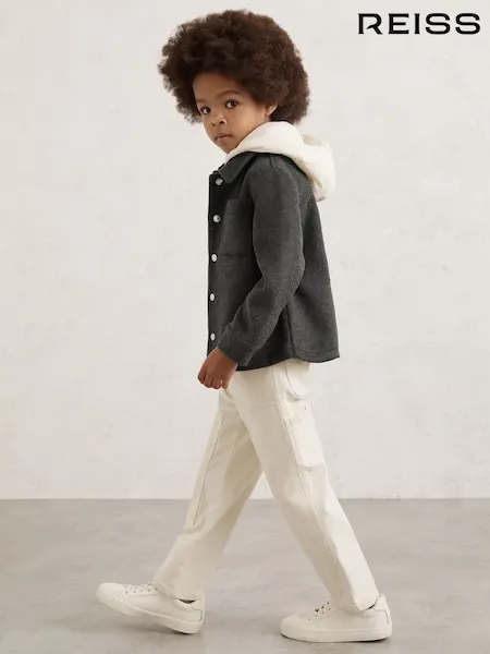 Reiss Dark Sage Green Benjamin 3-9 yrs Wool-Blend Detachable-Hood Overshirt