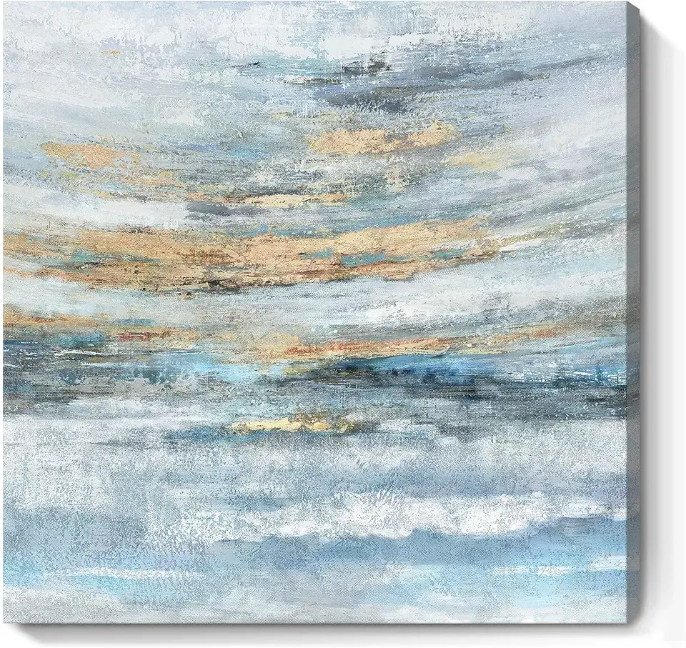 Abstract Canvas Wall Art Framed Light Blue Canvas Print Coastal Theme Artwork Modern Ocean Skyline and Sunset & Sunrise in the Seaside Large Sea Picture for Home Bedroom Decor 24x24inch