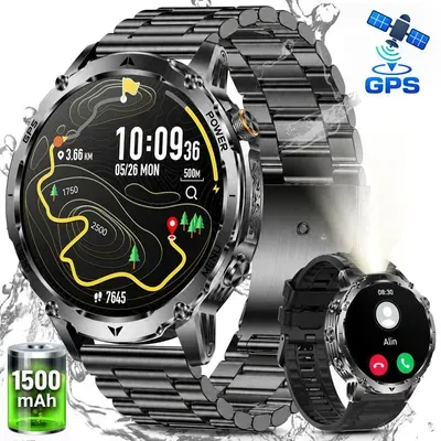 1500mAh Smartwatch Herren mit GPS integriert,24/7 Pulsuhr,SpO₂,Militär Smartwatch 1,8"AMOLED Fitness Tracker Schlafmonitor,Kompass,IP68 wasserdicht