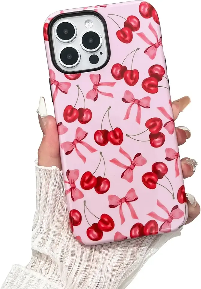 Compatible with iPhone 13 / iPhone 14 Case, Cute Pink Cherry Bow Pattern with Shockproof Slim Soft TPU and Hard PC Protective Cover for Women Designed for iPhone13 / iPhone 14 Case, Glossy