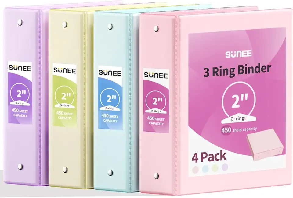 SUNEE 3 Ring Binders 2 Inch 4 Pack, Clear View Binder Three Ring PVC-Free (Fit 8.5x11 Inches) for School or Office Supplies, Assorted Pastel