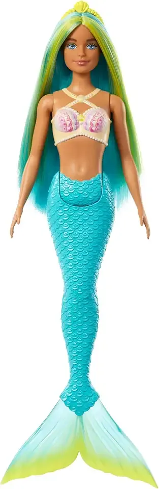 Mermaid Doll with Two-Tone Blue & Yellow Fantasy Hair & Headband Accessory, Toy with Shell Bodice & Turquoise Tail