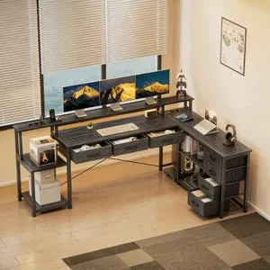 Escritorio Gaming en L 148cm con LED, 3 Enchufes AC, 2 Puertos USB, Cajones y Almacenamiento