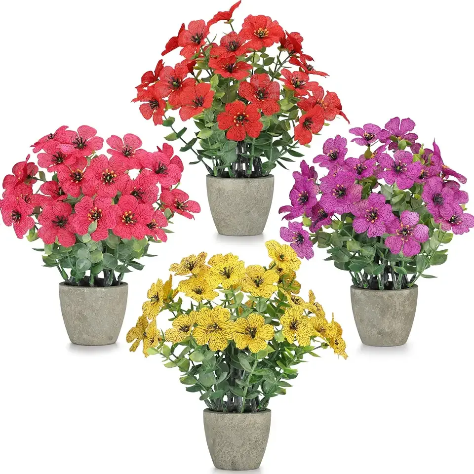4 Pack Small Fake Plants Potted Artificial Plants Artificial Flowers Potted Faux Flower Daisy with Eucalyptus Leaves for Home Decor Office Room Farmhouse Indoor Table Bathroom Decor (Mixed)