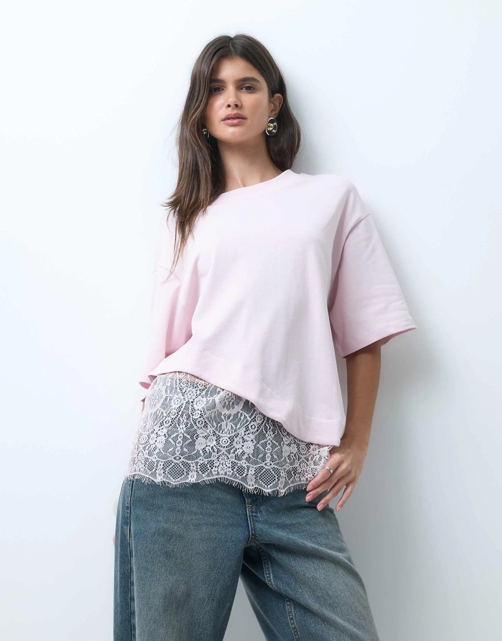 ASOS DESIGN short sleeve t-shirt with lace hem in light pink