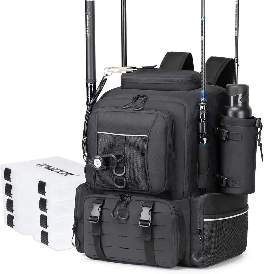 WANOON Fishing Backpack 45L with 4 Tackle Boxes | Durable & Comfortable, Waterproof Insulated Bait Pocket, 4 Rod Holders