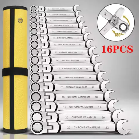 Ratcheting Wrench Set,Combination Spanner kit, Chrome Vanadium Steel Hand Tools Socket Key Ratchet Wrench set with Canvas Bag