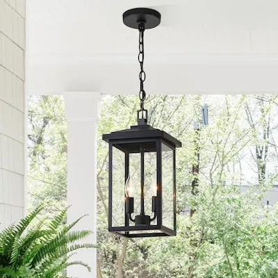 Mollor 2 -Light Matte Black Transitional Clear glass Cage Rectangle Medium Outdoor Hanging Pendant Light