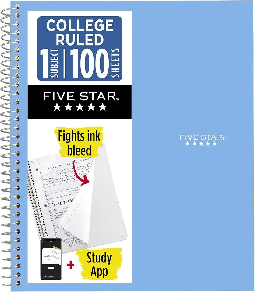 Five Star Spiral Notebook + Study App, 1 Subject, College Ruled Paper, 8.5" x 11", 100 Sheets, Blue (Color May Vary) (72565)