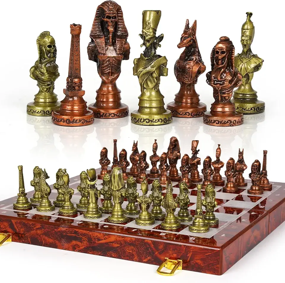 Large Egyptian Metal Chess Set for Adults – 15 Inch Foldable Wooden Chess Board with Weighted Antique Chess Pieces – Vintage Luxury Game Gift for Collectors,Classic Board Game