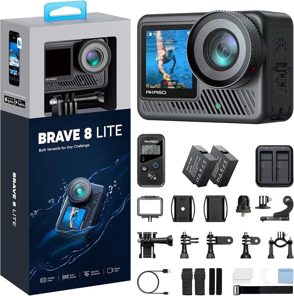 AKASO Brave 8 Lite Waterproof Action Camera 4K60 Ultra HD Video 48MP Photos | 33ft Underwater Camera, SuperSmooth Stabilization, HDR, Touch Screen, 5G WiFi, 8X Slow Motion with Helmet Accessories Kit