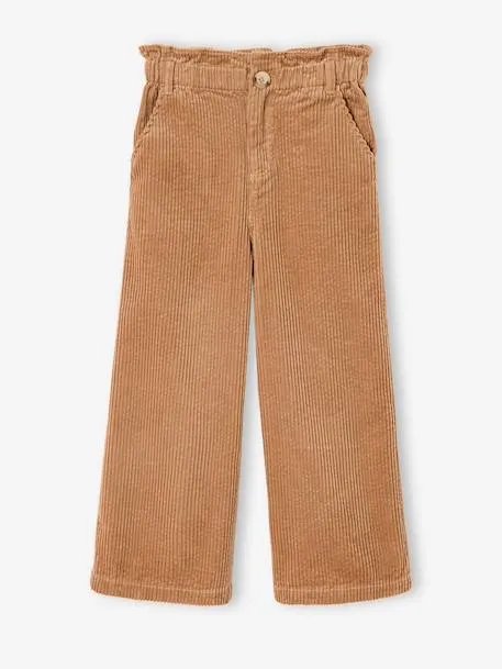 Pantalon fille large velours côtelé style paperbag - camel