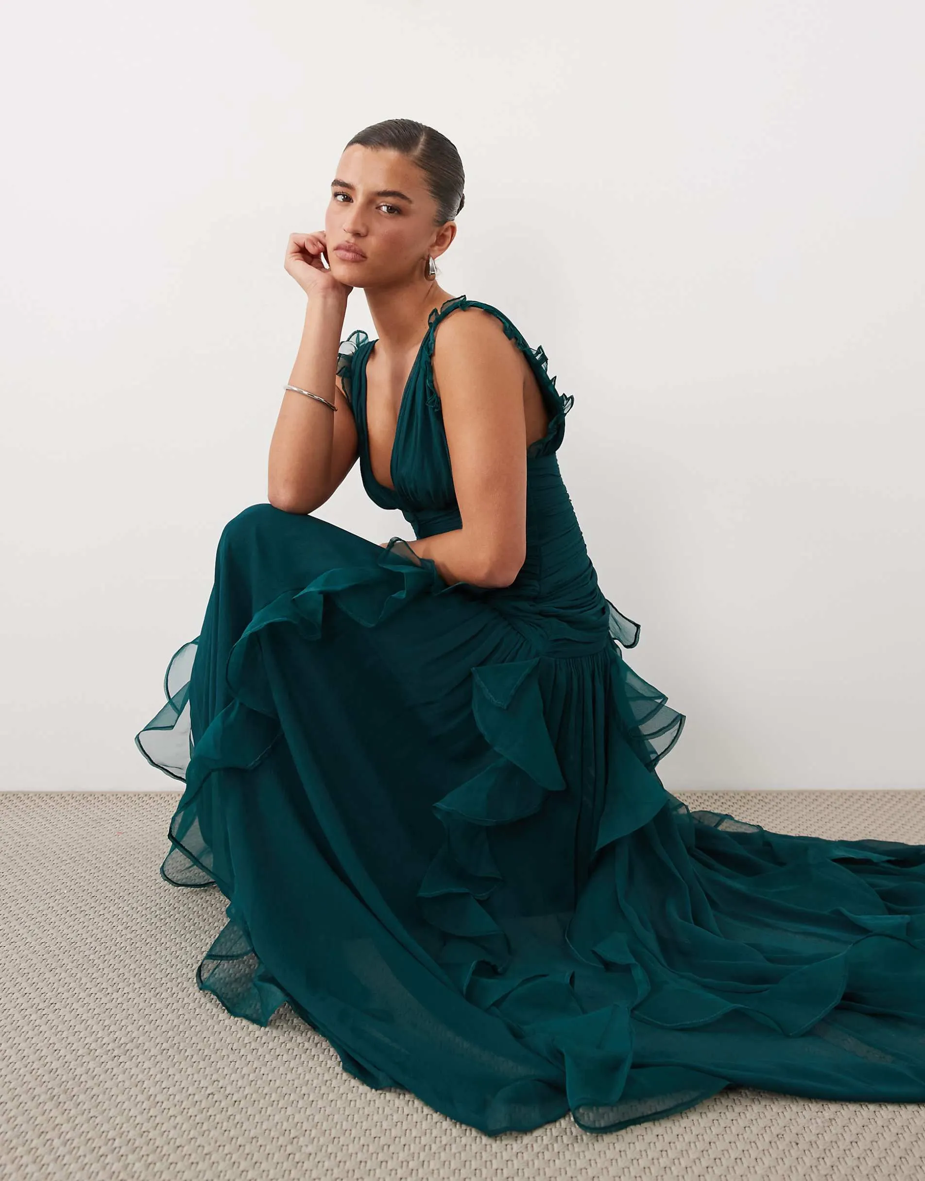 ASOS LUXE ruched maxi dress with waterfall detail in dark green