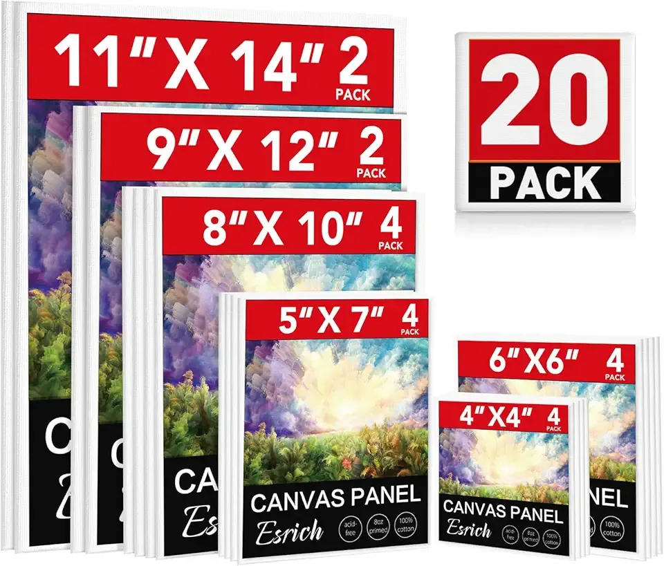 ESRICH Canvas Boards for Painting 20 Multi Pack Paint Canvas Panels 11x14, 9x12, 8x10, 6x6, 5x7, 4x4 Blank Canvases for Painting-Cotton Primed Painting Canvas for Acrylic, Oil, Gouache & Tempera