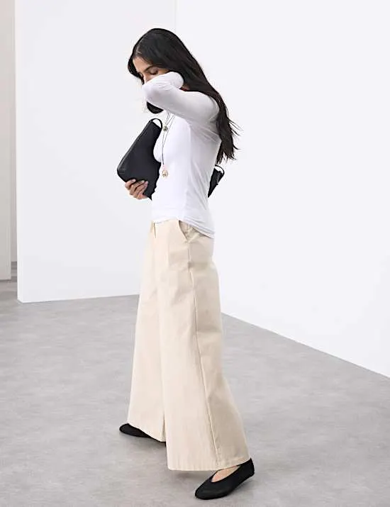 Cotton Blend Wide Leg Trousers