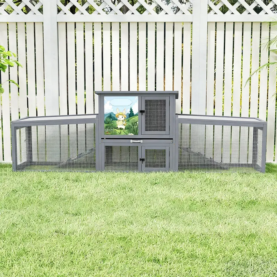 COZIWOW 95inches Extra Large Wood Rabbit Hutch Outdoor Easy to Assemble and Stable Bunny Cage Indoor with Cleaning Tray & Waterproof Roof for Small and Medium Bunny Rabbit Chick（Grey with Pattern）