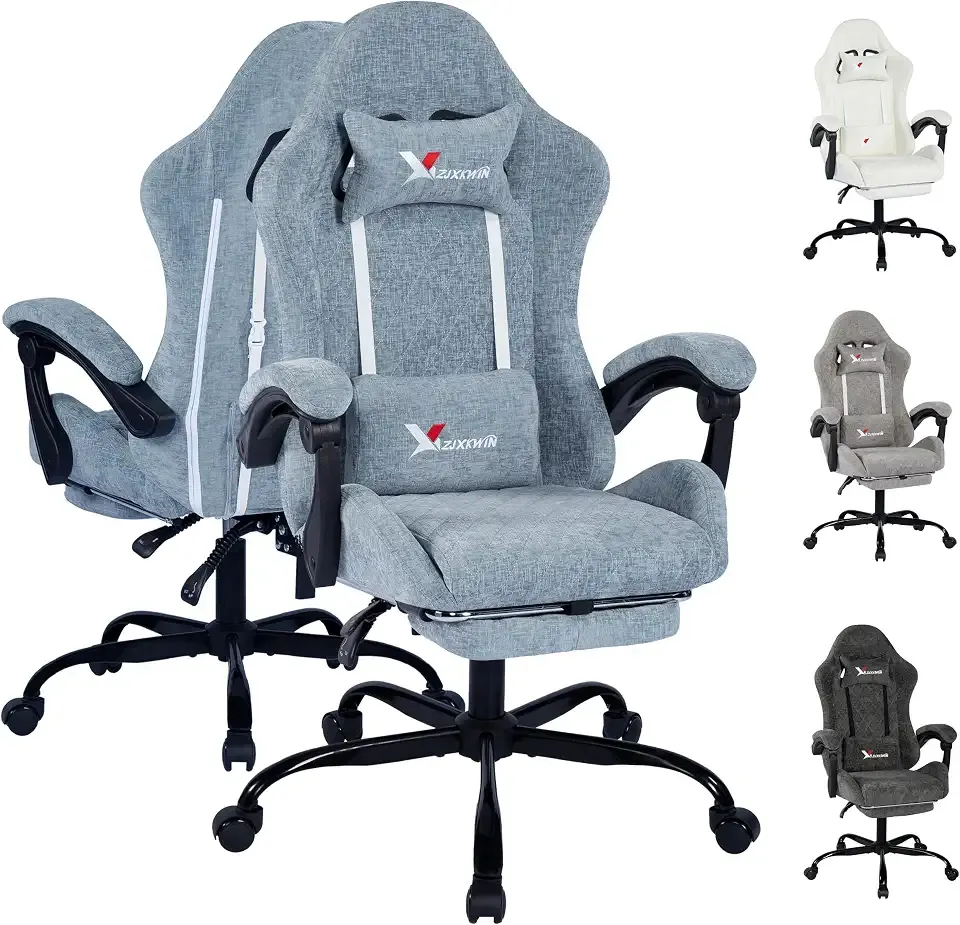 Fabric Gaming Chair for Adults, Ergonomic Computer Office Desk Chair with Footrest,Pocket Spring Cushion, Reclining High Back Silla Gamer for Home Office, Blue