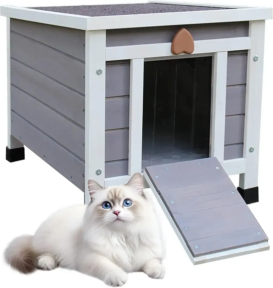 Rockever Outdoor Cat House,Outdoor cat Houses for Feral Cats Weatherproof Rabbit Hutch Small, Wooden Small Pet House and Habitats-Grey