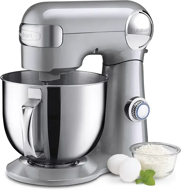 Cuisinart Stand Mixer, 12 Speeds, 5.5-Quart Mixing Bowl, Chef's Whisk, Flat Mixing Paddle, Dough Hook, and Splash Guard with Pour Spout, Silver Lining, SM-50BC, Silver Lining