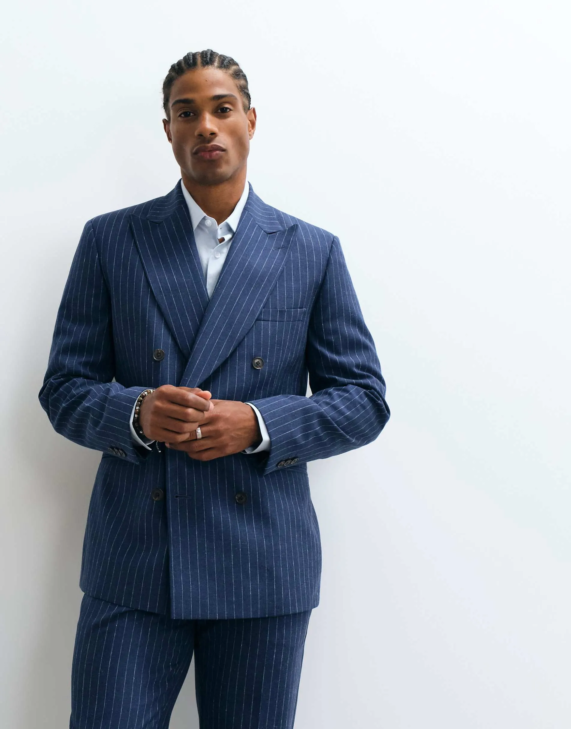 ASOS DESIGN slim double breasted suit jacket with linen in navy pinstripe