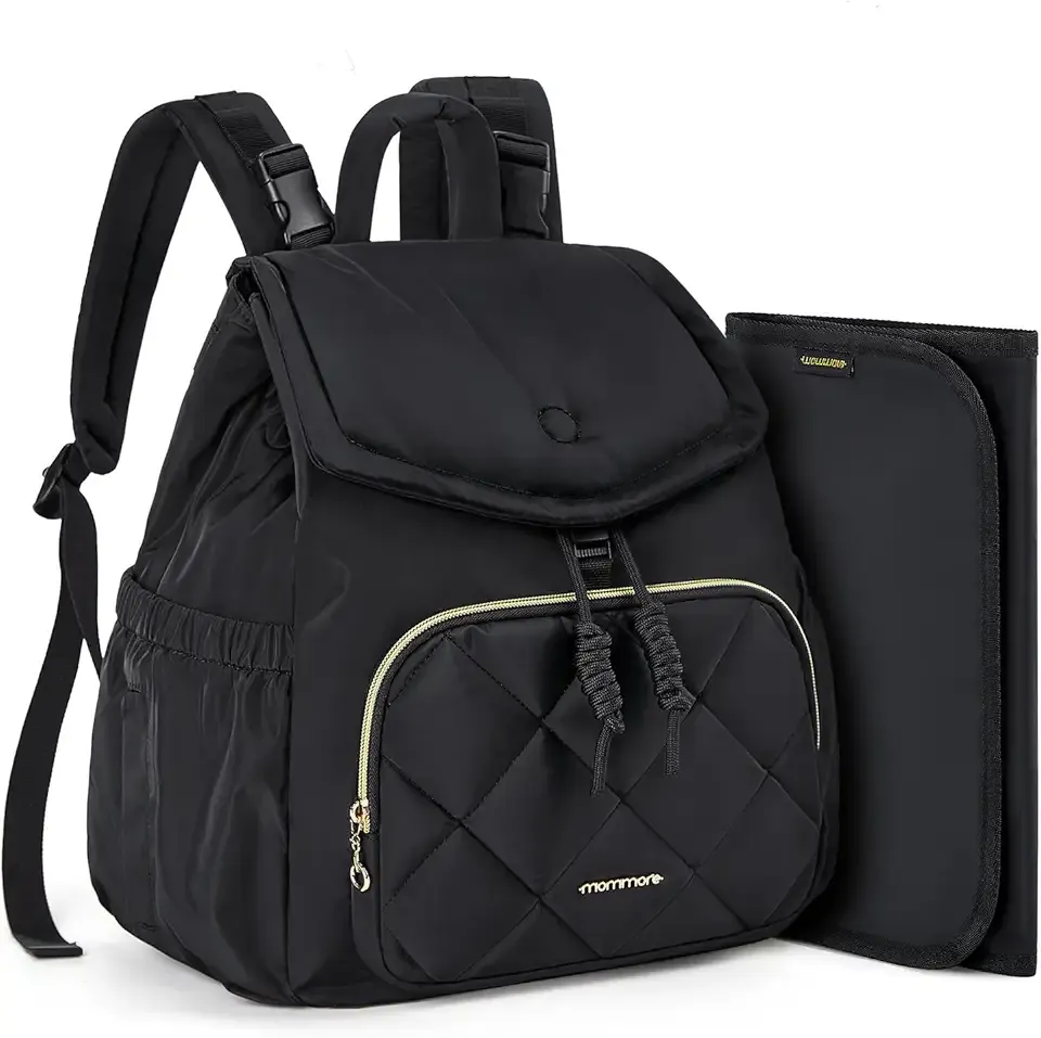 mommore Diaper Bag Backpack, Small Diaper Backpack for Travel, Drawstring Puffer Diaper Bag, Lightweight Quilted Baby Bag with Stroller Straps, Changing Pad