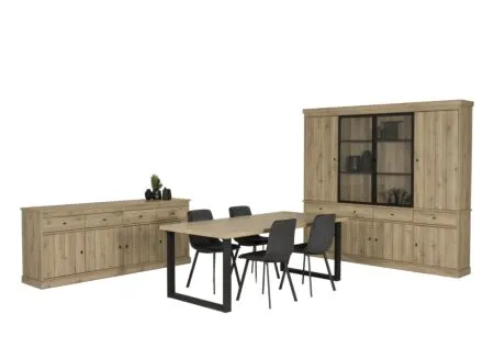 Eetkamer Valencia met 4 stoelen Runner - tafel 210x98cm - vitrinekast 240cm - dressoir 225cm