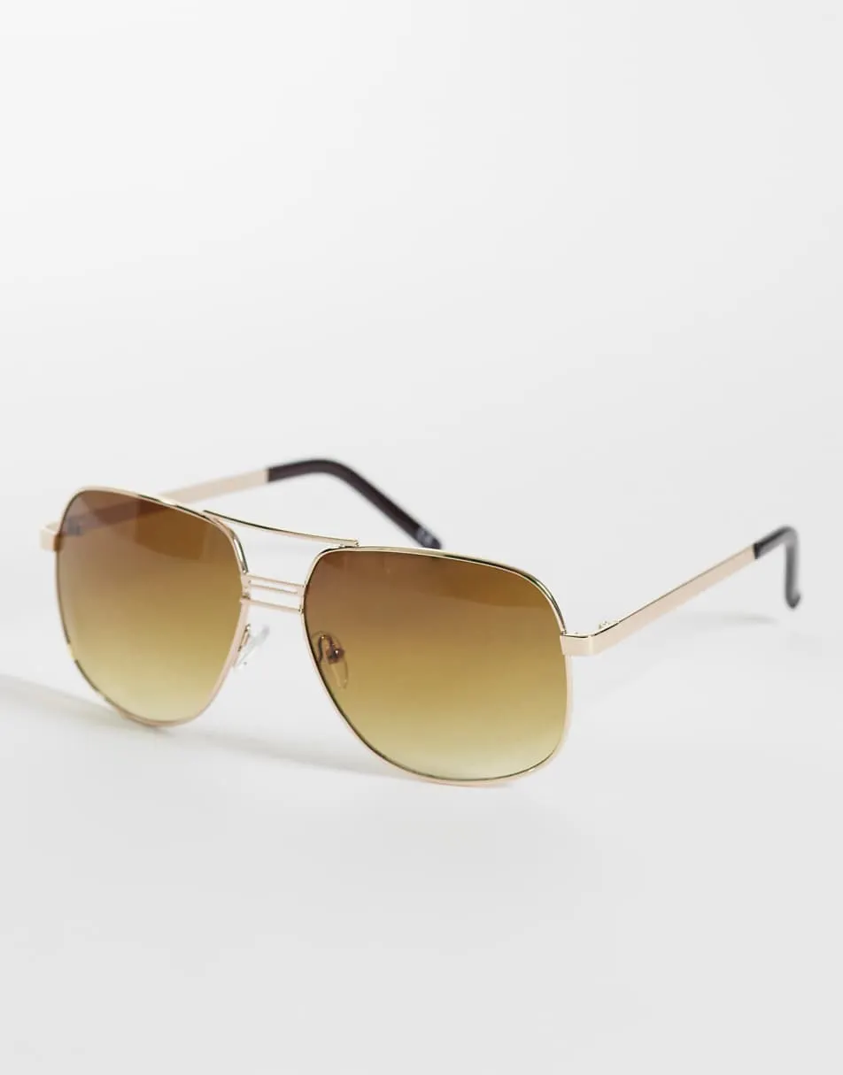 ASOS DESIGN metal aviator sunglasses in gold frame with brown lens