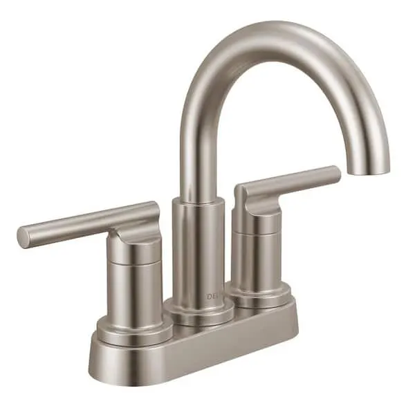 Delta Nicoli J-Spout 4 in. Centerset Double Handle Bathroom Faucet with Slim Handles in Brushed Nickel