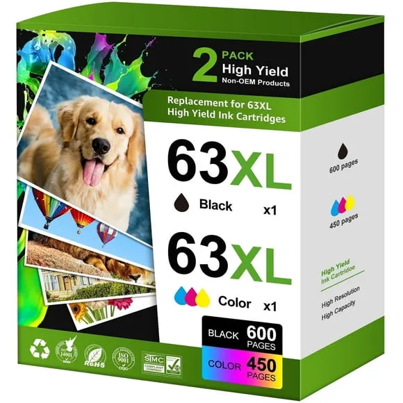 63XL Ink Cartridges Compatible for HP 63 ink cartridges for Officejet 3830 4650 5200 5255 Envy 4520 4512 Deskjet 1112 3630 Printer ( 2-Pack)
