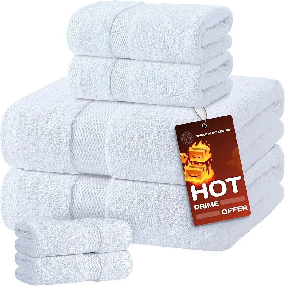 White Bath Towel Set of 6 - 100% Cotton Highly Absorbent Towels for Bathroom, 2 Luxury Bath Towels 650GSM, 2 Hand Towels, 2 Washcloths