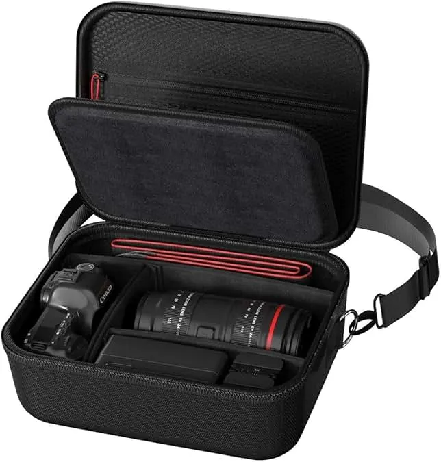 ProCase Hard Shell Camera Case for Canon Rebel T7/EOS R100/R50/DSLR/SLR/Nikon/Sony/Mirrorless Cameras, Soft Padded Digital Camera Travel Bag with 1 Shoulder Strap and 3 Adjustable Dividers -Black