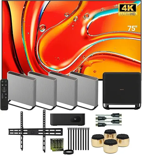 Sony BRAVIA 7 K-75XR70 75-Inch QLED 4K HDR TV Bundle with Home Theater System, Wireless Subwoofer, Subwoofer Isolation Feet, TV Wall Mount, HDMI Cable, Alkaline AAA Batteries, and Cable Ties (8 Items)