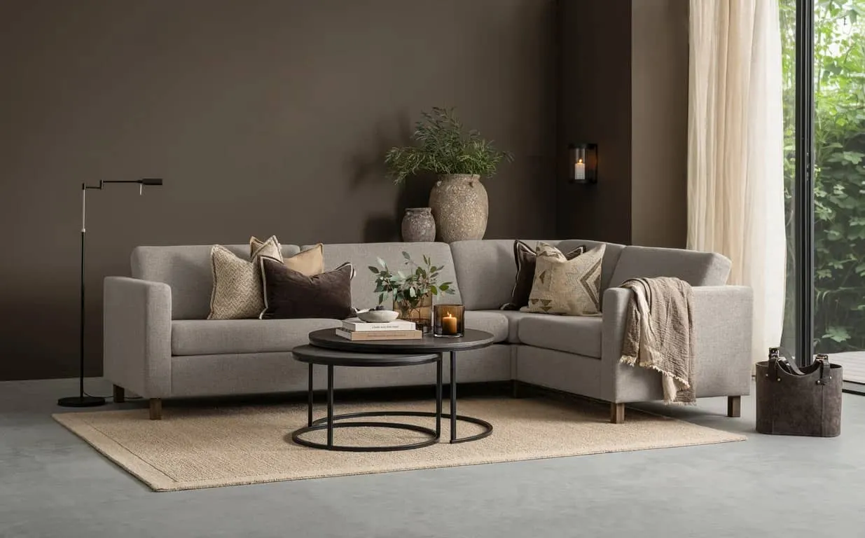 Hjellegjerde Basic hjørnesofa Modulsofa. 3,5 seter duo-hjørne 90-1,5 seter, armlen nr 2, stoff Honor dark beige, Mocca ben