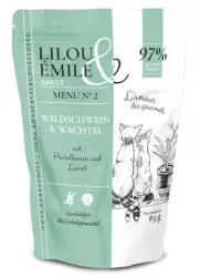 Lilou & Émile mit Wildschwein, Wachtel für Katzen 12 x 85 g