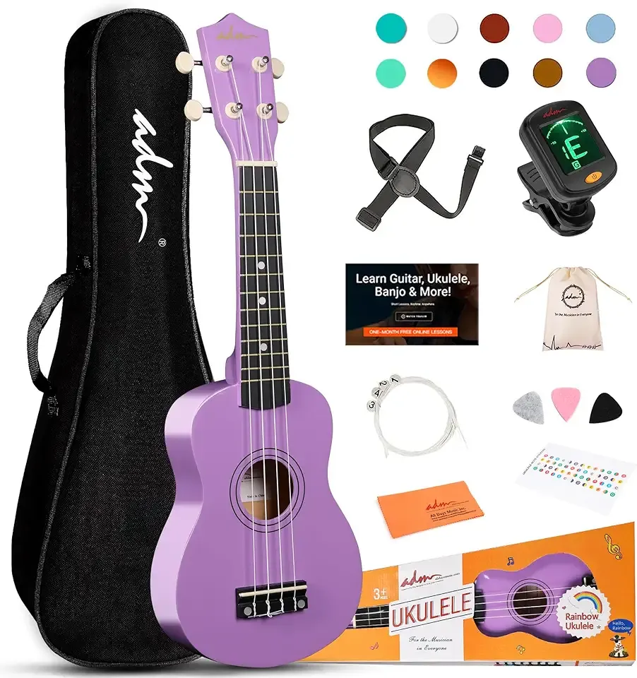 ADM Ukulele for Beginners Hawaiian Wood Ukelele Kit for Kids Adult Student Starter Professional Ukalelee Pack Bundle with Free Lessons Gig Bag Strap Nylon String Tuner (Light Purple, 21 Inch)