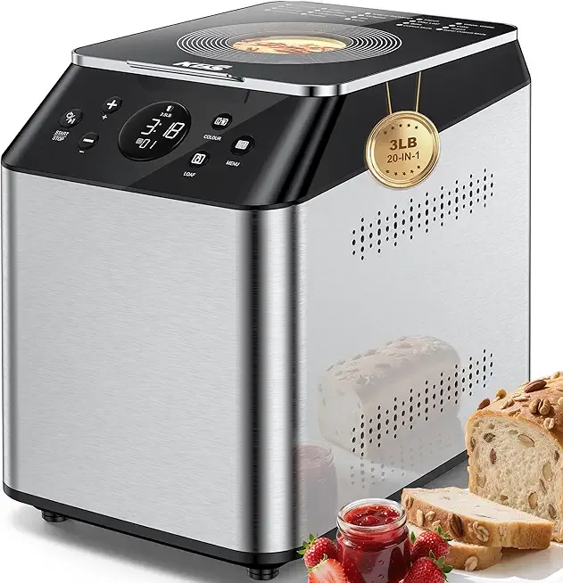KBS 3LB Programmable Bread Maker,20-in-1 Automatic Bread Machine with Ceramic Pan & Fruit Dispenser, 750W Dual Heaters Bread Maker Machine with Quiet Brushless Motor,Stainless Steel,15H Timer,3 Colors