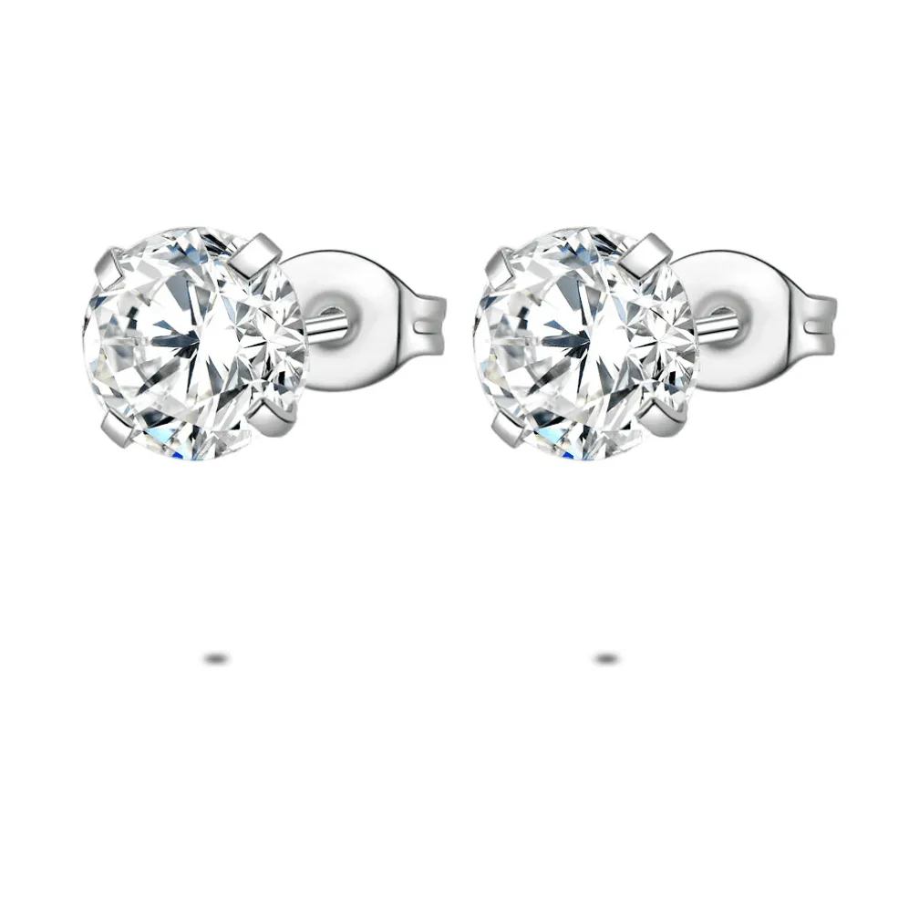 Oorbellen in edelstaal, 1 zirkonia van 8 mm