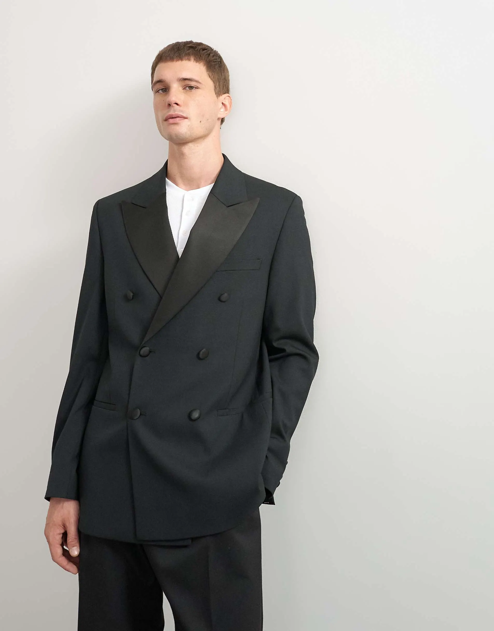 Topman relaxed fit double breasted tuxedo blazer in black
