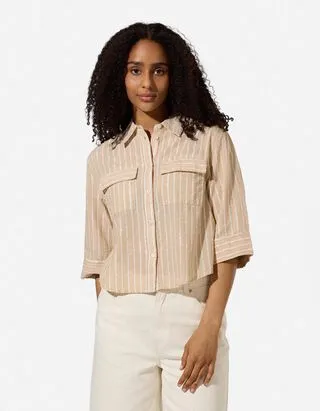 Camicia blusata - Righe - Beige