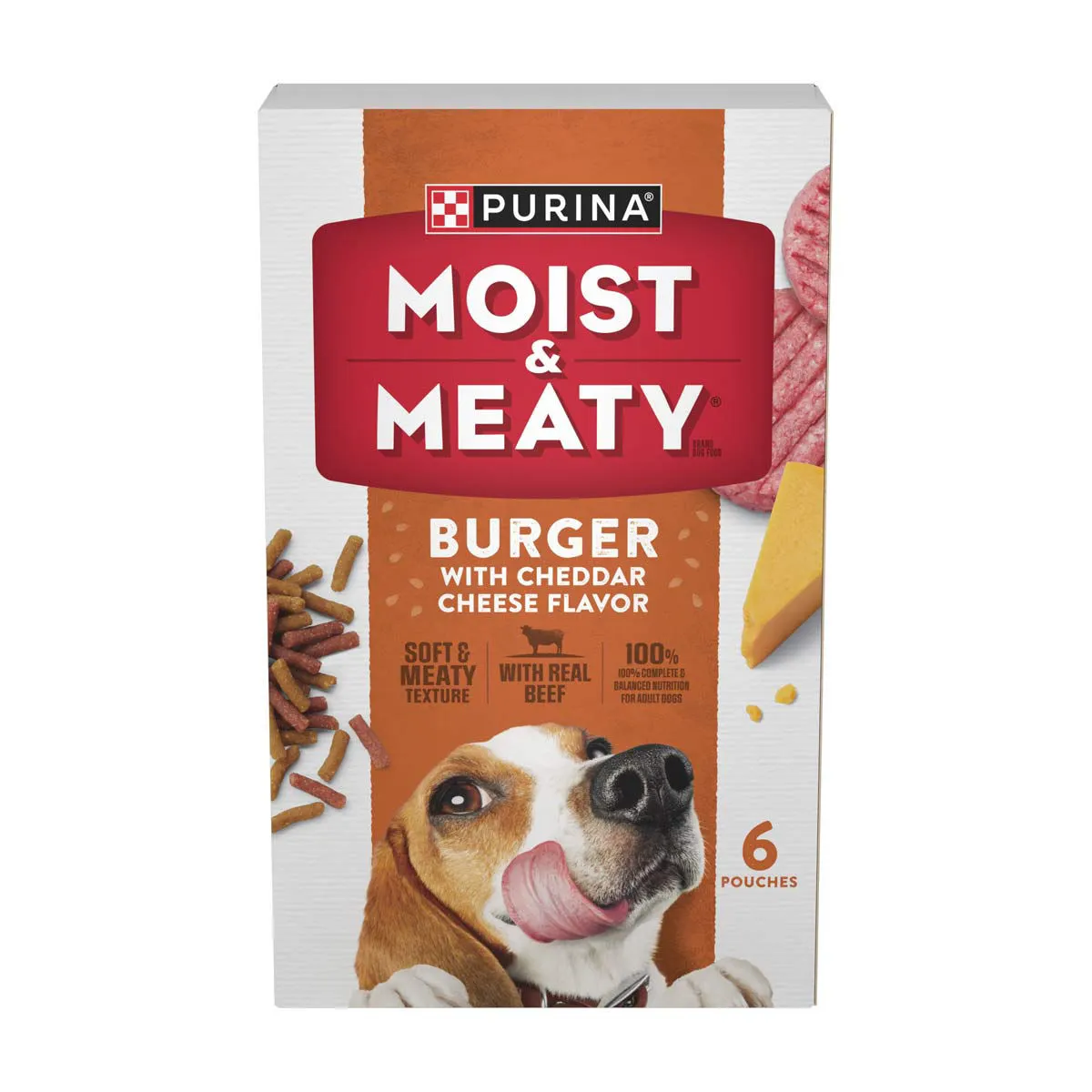 Purina Moist & Meaty Burger with Cheddar Cheese Flavor Soft Dog Food Pouches, 6 ct