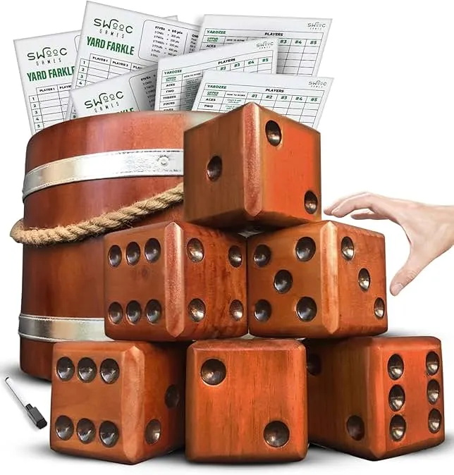 Swooc Games - Yardzee, Farkle & 20+ Giant Dice Games (All Weather) Yard Dice with Wooden Bucket, 5 Scorecards & Marker - Jumbo Dice Yard Game - Extra…