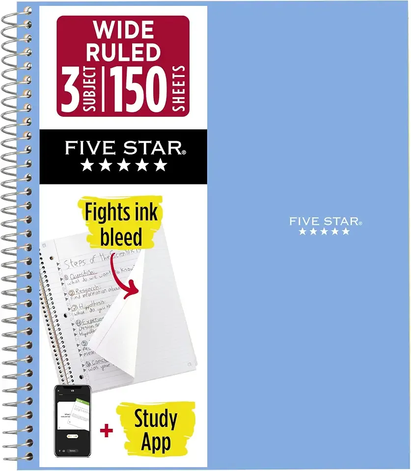 Five Star Spiral Notebook + Study App, 3 Subject, Wide Ruled Paper, 8" x 10-1/2", 150 Sheets, Fights Ink Bleed, Water Resistant Cover, Tidewater Blue (73184)